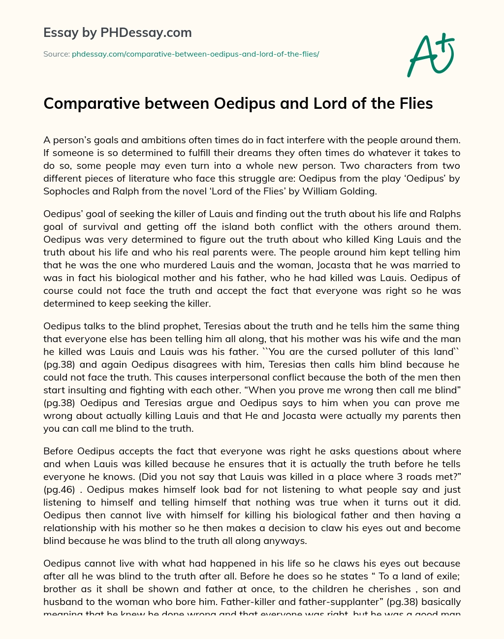 Comparative between Oedipus and Lord of the Flies essay