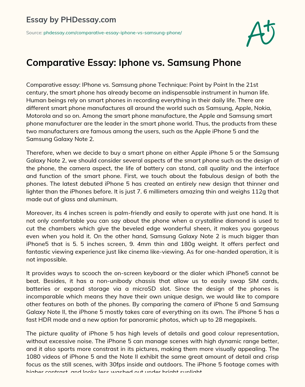 Comparative Essay: Iphone vs. Samsung Phone essay
