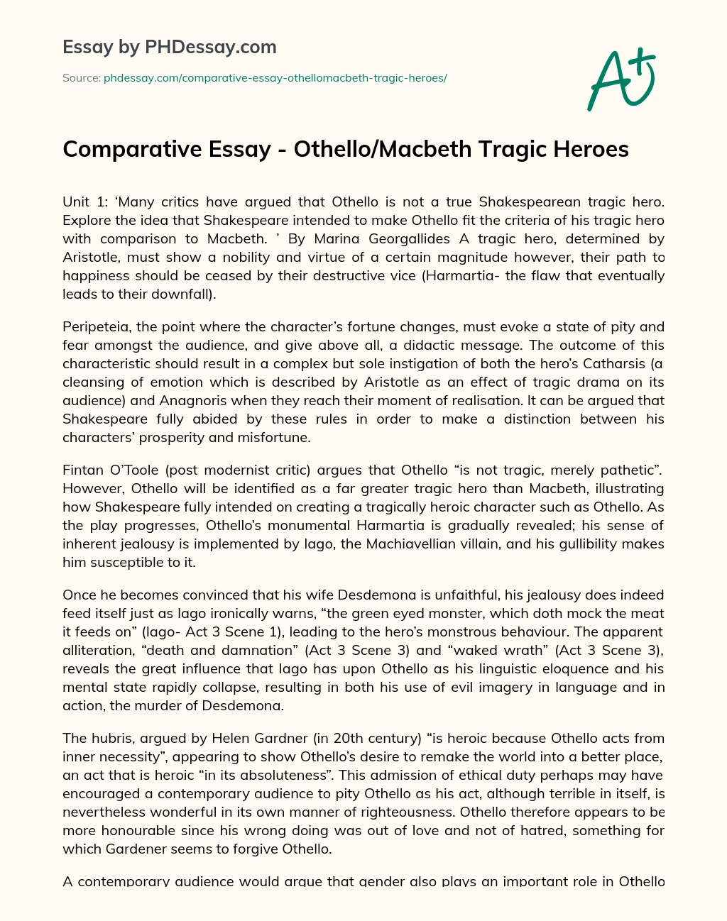 Comparative Essay – Othello/Macbeth Tragic Heroes essay