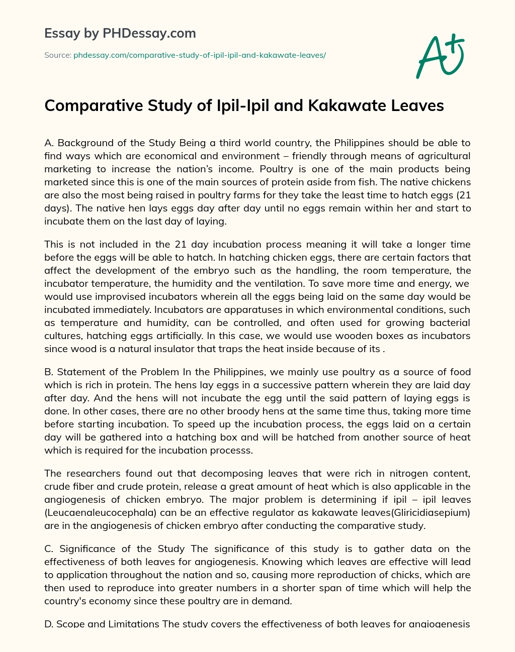 Comparative Study of Ipil-Ipil and Kakawate Leaves essay