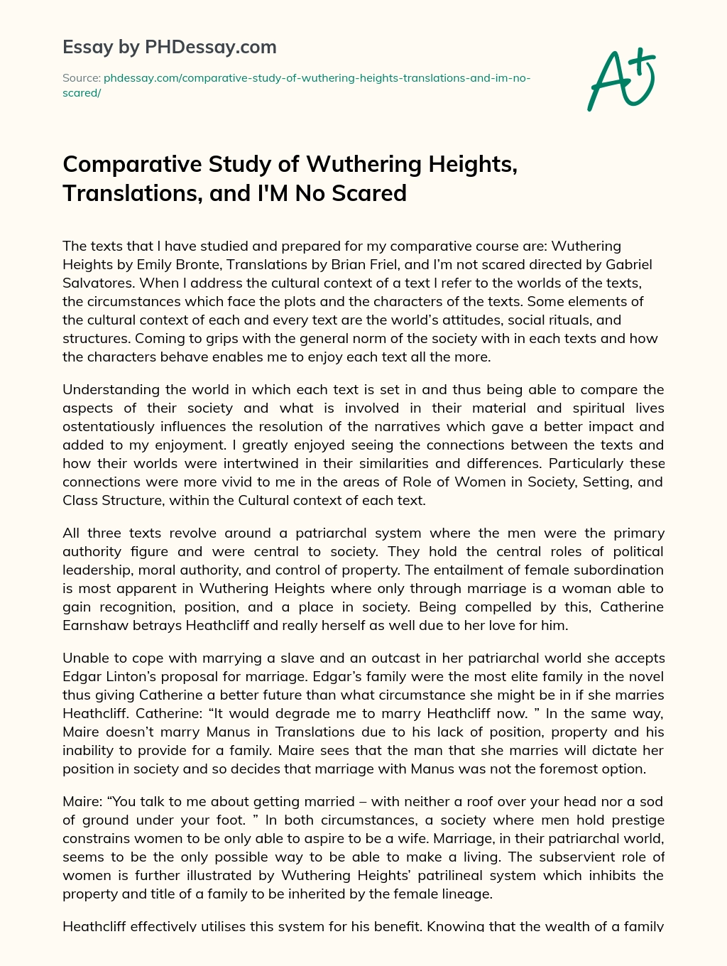 Comparative Study of Wuthering Heights, Translations, and I’M No Scared essay