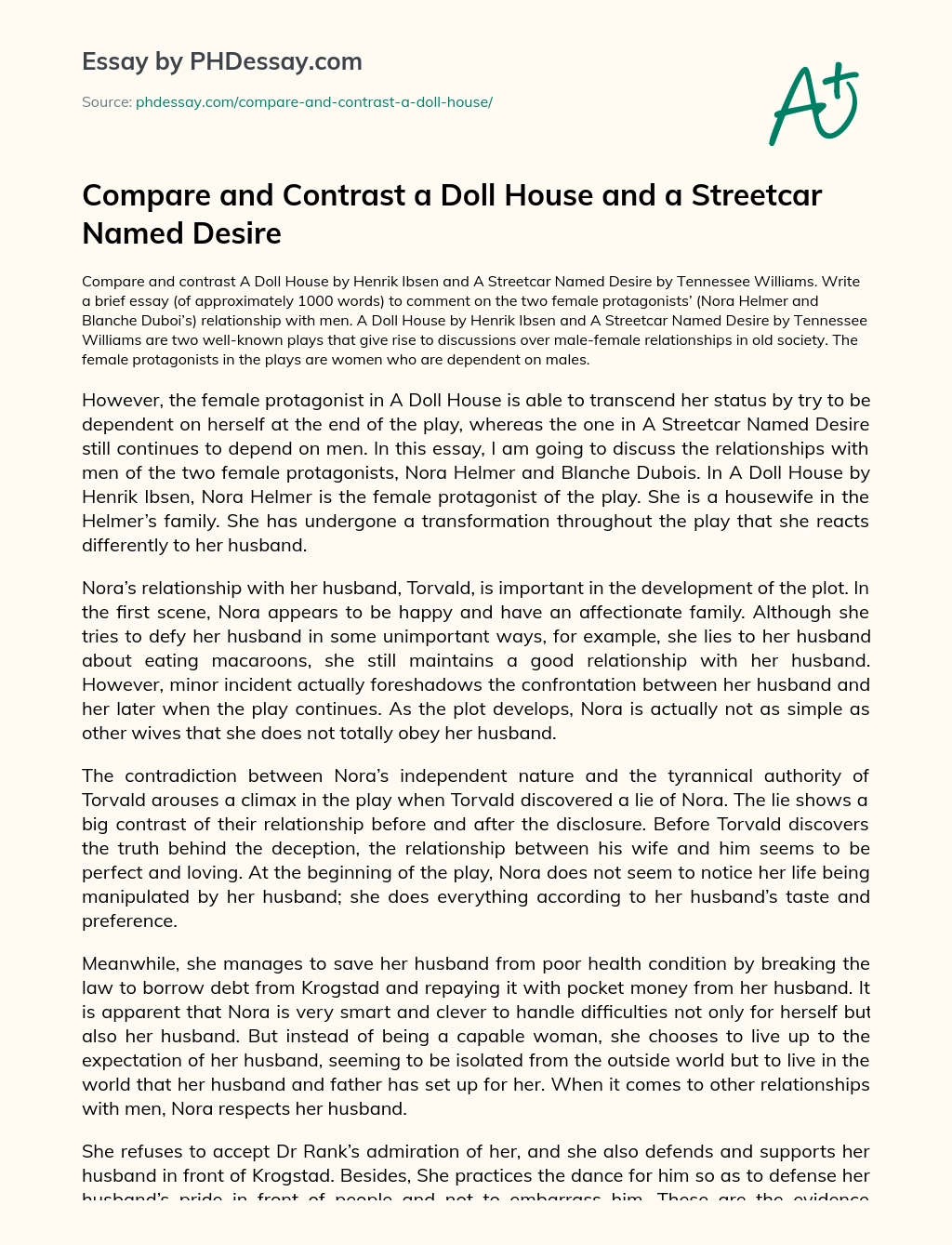 Compare and Contrast a Doll House and a Streetcar Named Desire essay