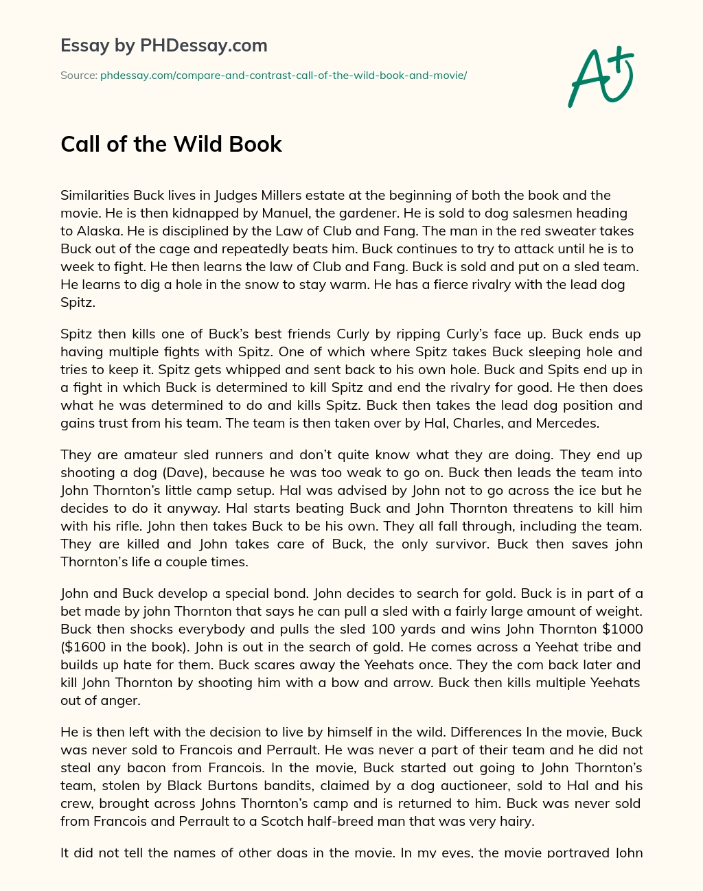 Call of the Wild Book essay