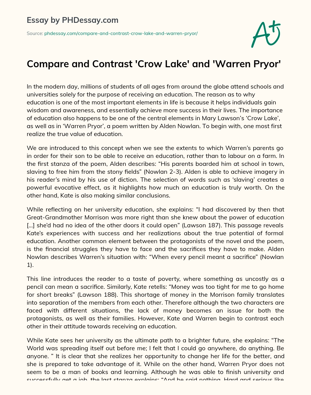 Compare and Contrast ‘Crow Lake’ and ‘Warren Pryor’ essay