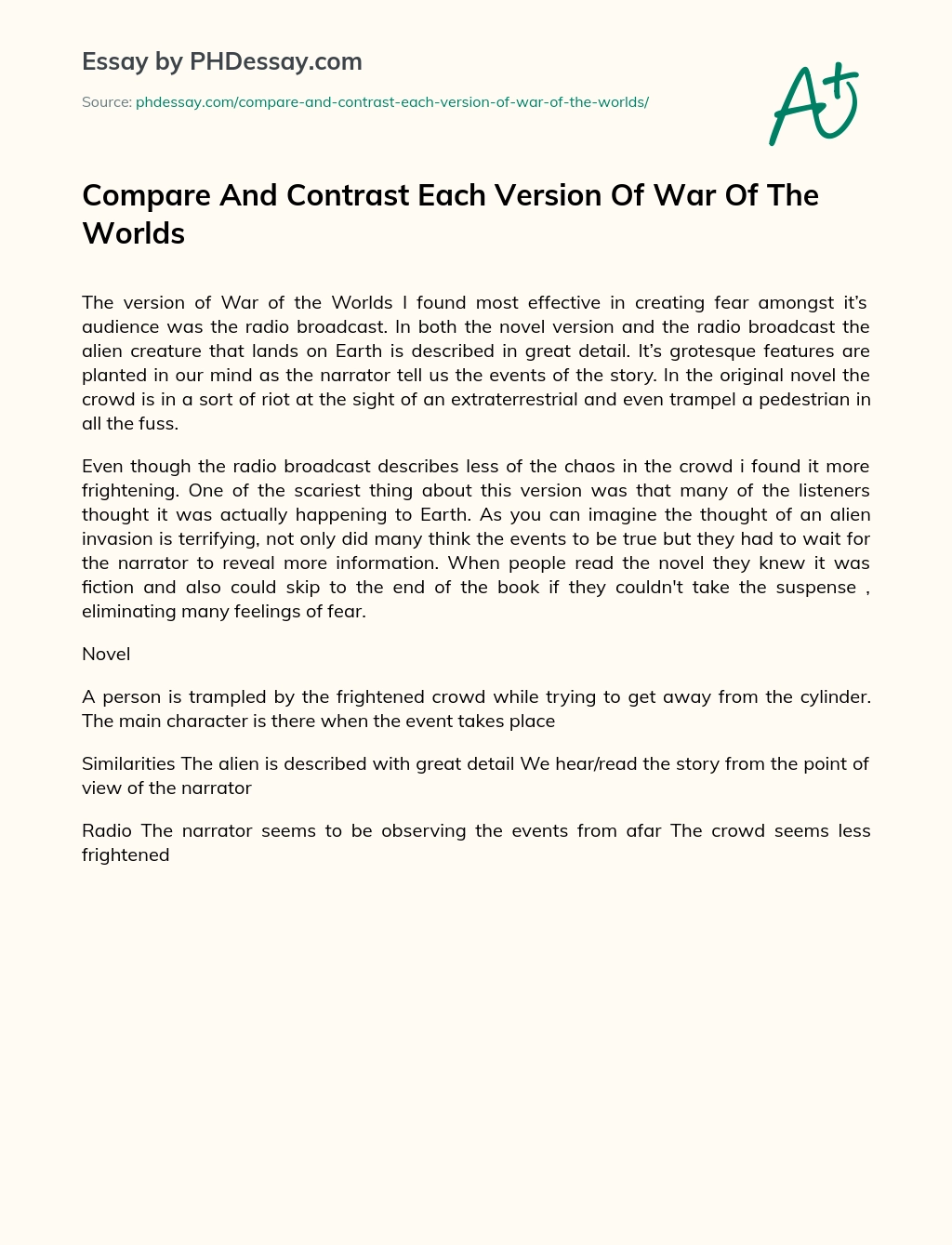 Compare And Contrast Each Version Of War Of The Worlds essay