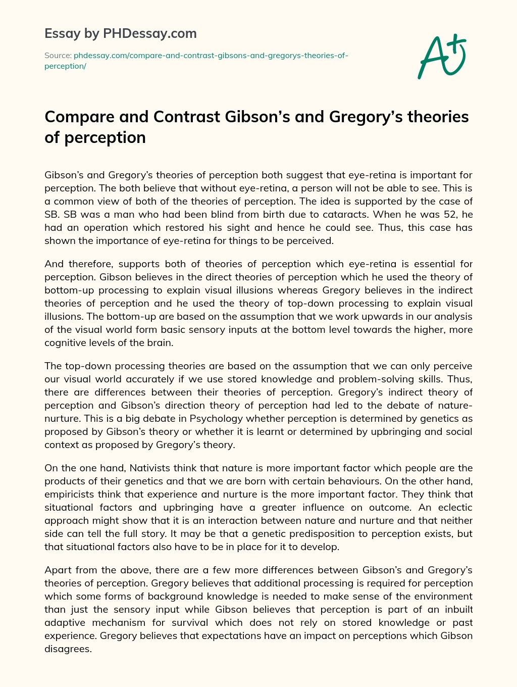 Compare and Contrast Gibson’s and Gregory’s theories of perception essay