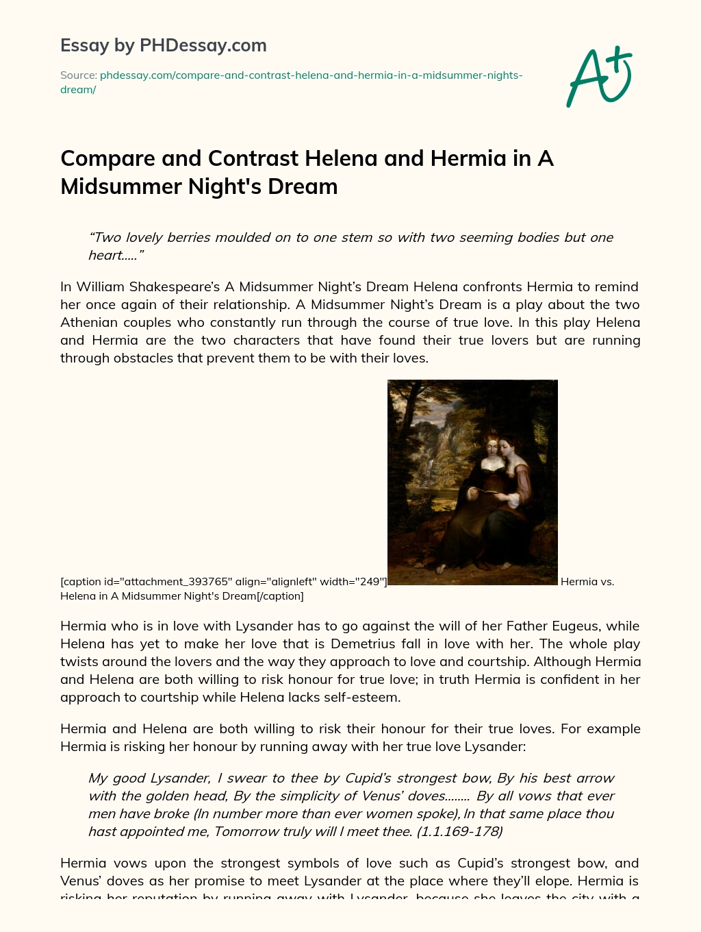 Compare and Contrast Helena and Hermia in A Midsummer Night’s Dream essay