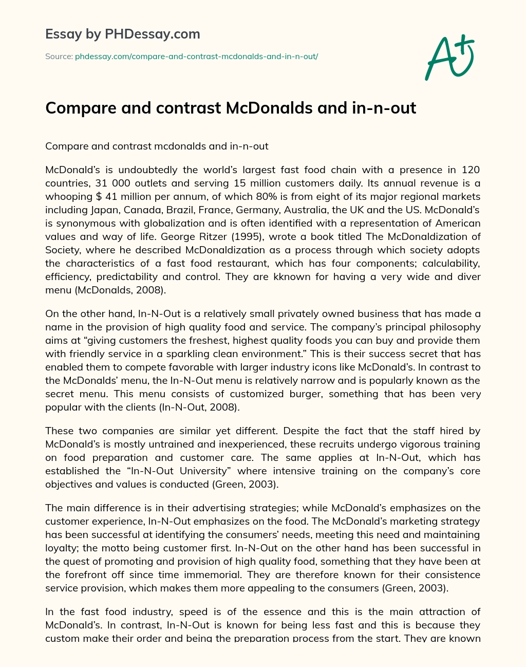 Compare and Contrast McDonalds and In-N-Out essay