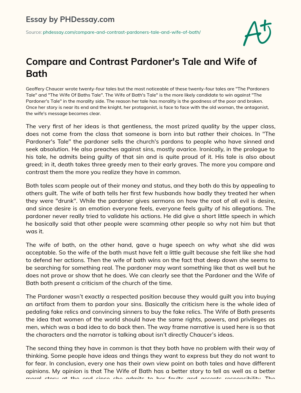 Compare and Contrast Pardoner’s Tale and Wife of Bath essay