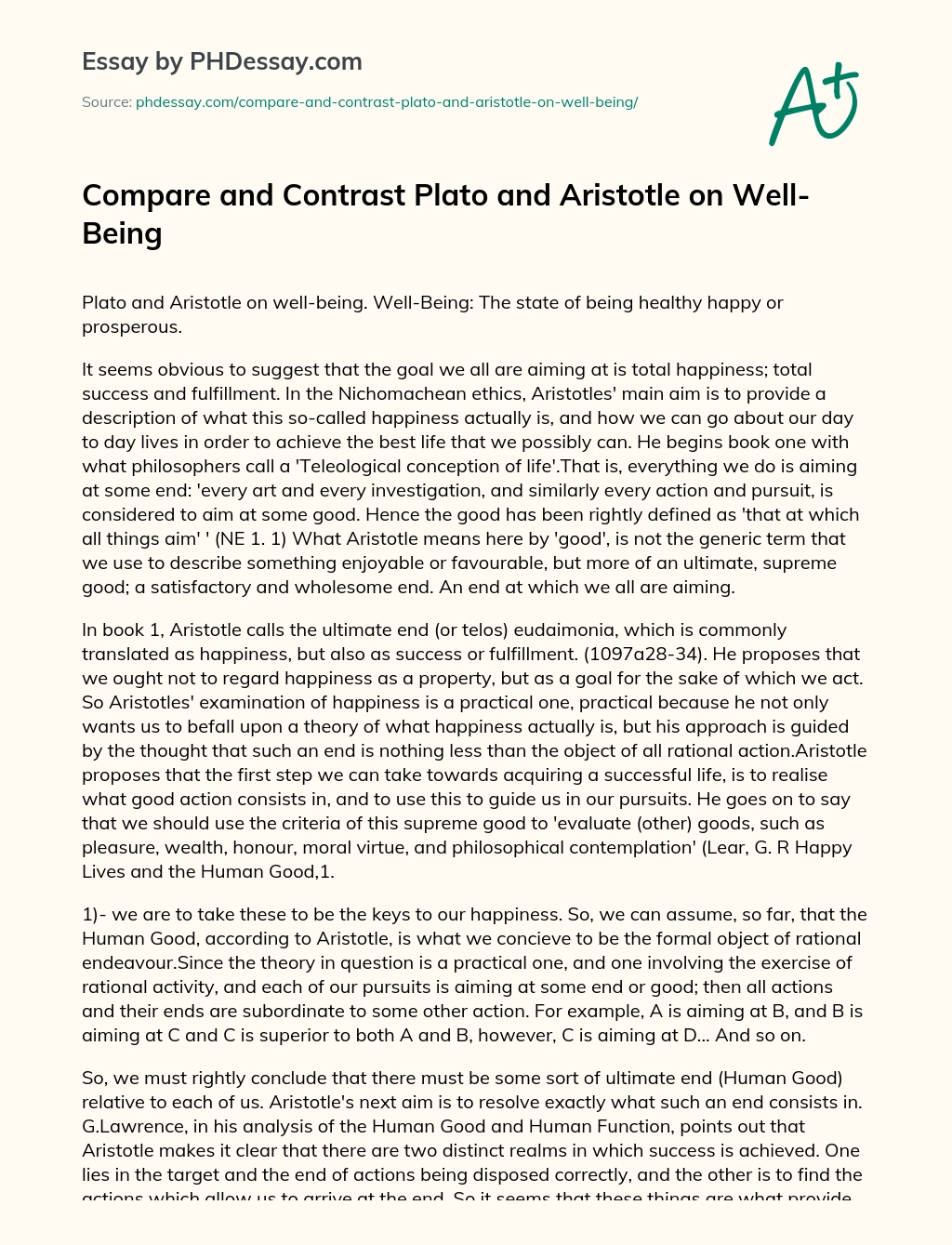 Compare and Contrast Plato and Aristotle on Well-Being essay