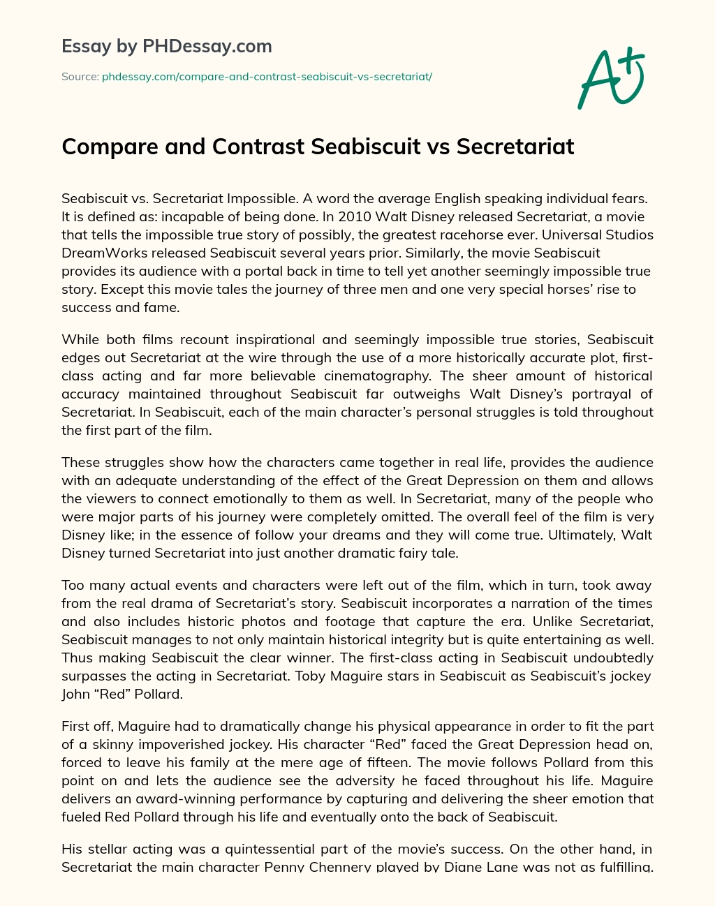Compare and Contrast Seabiscuit vs Secretariat essay