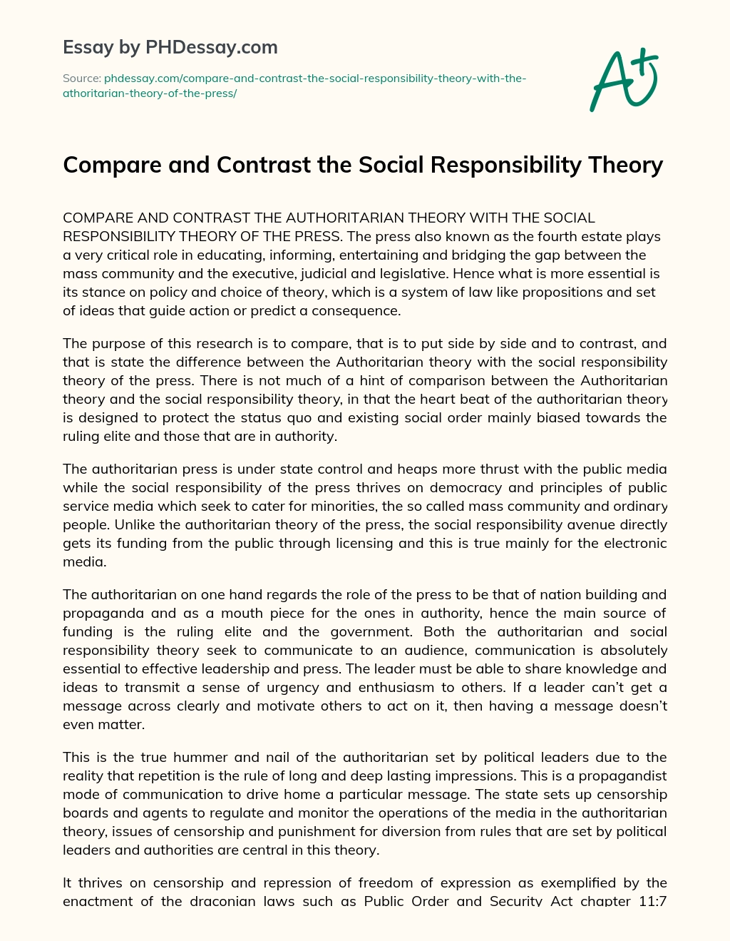 Compare and Contrast the Social Responsibility Theory essay