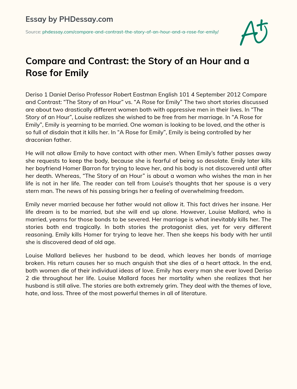 Compare and Contrast: the Story of an Hour and a Rose for Emily essay