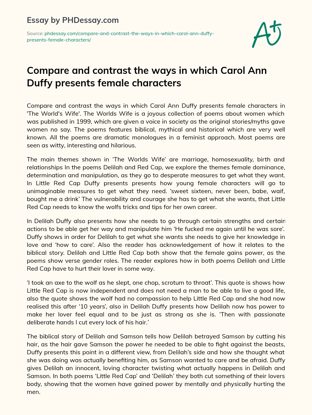 Compare and contrast the ways in which Carol Ann Duffy presents female characters essay