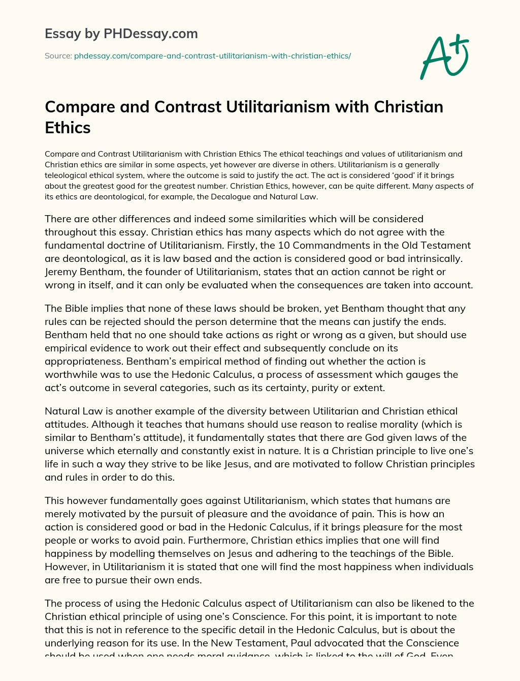 Compare and Contrast Utilitarianism with Christian Ethics essay