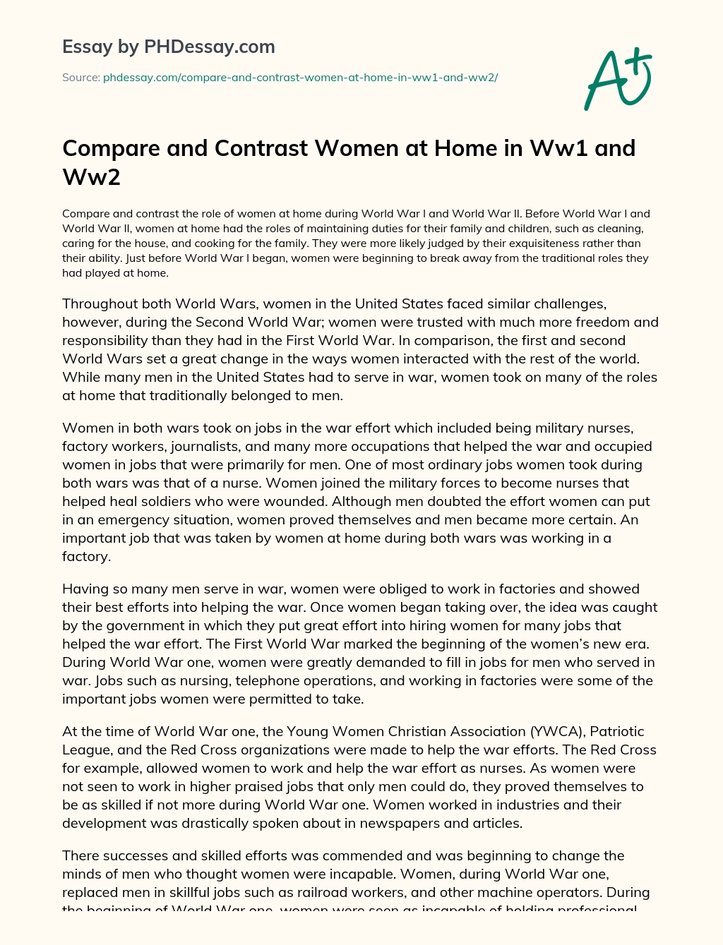 Compare and Contrast Women at Home in Ww1 and Ww2 essay