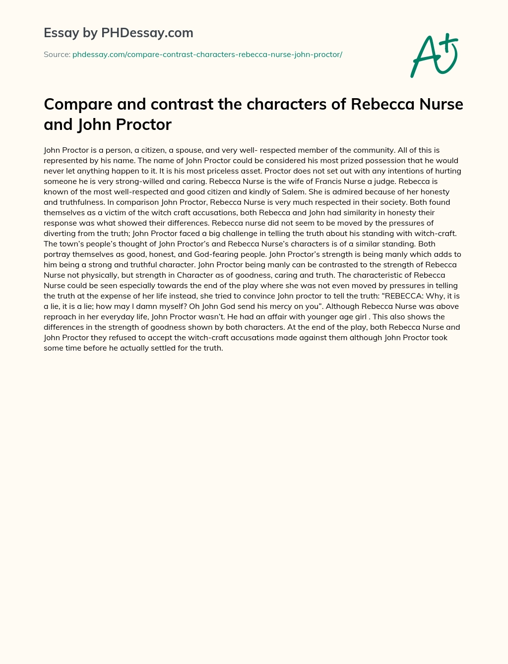 Compare and contrast the characters of Rebecca Nurse and John Proctor essay