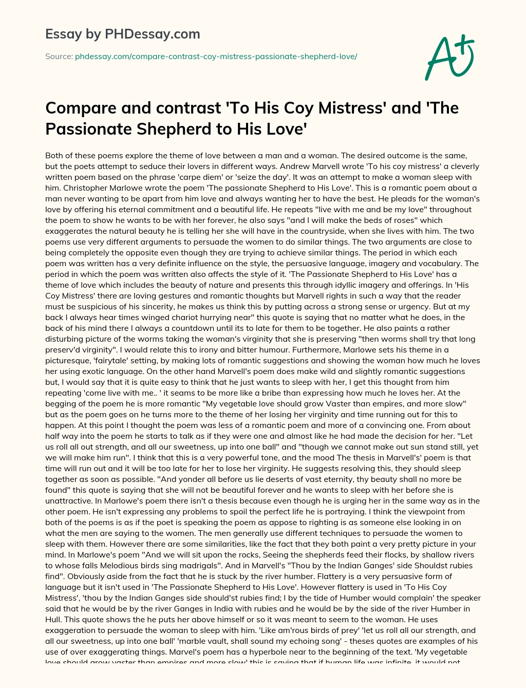 Compare and contrast ‘To His Coy Mistress’ and ‘The Passionate Shepherd to His Love’ essay