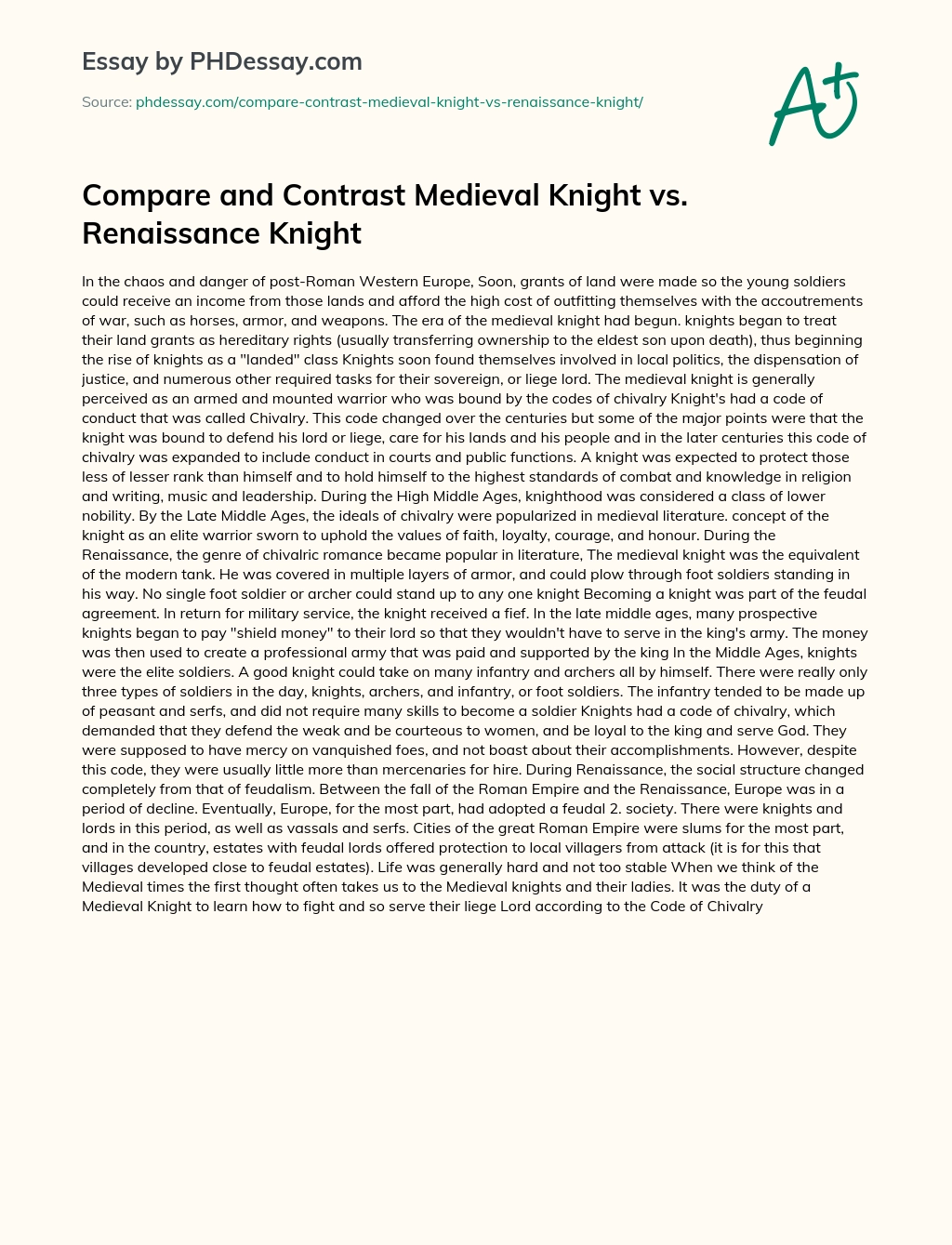 Compare and Contrast Medieval Knight vs. Renaissance Knight essay