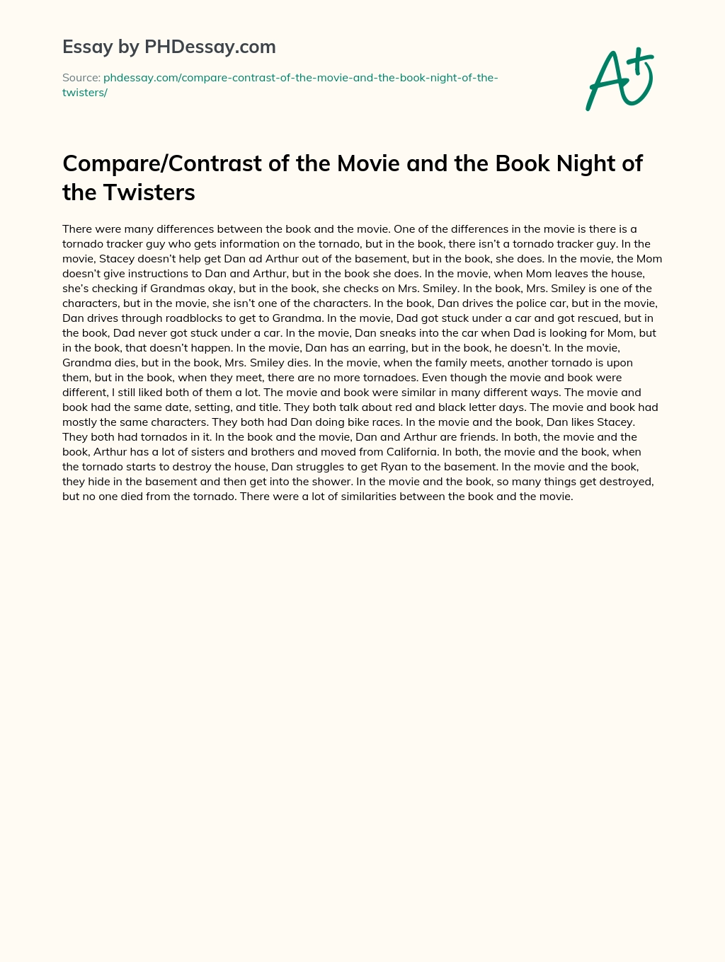 Compare/Contrast of the Movie and the Book Night of the Twisters essay