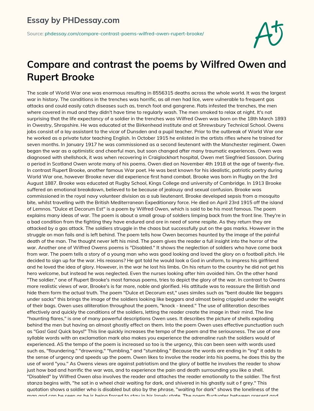 Poems by Wilfred Owen and Rupert Brooke essay