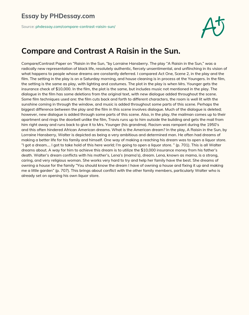 Compare and Contrast A Raisin in the Sun essay