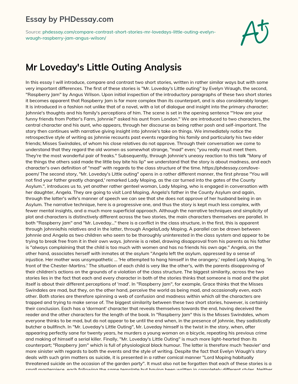 Mr Loveday’s Little Outing Analysis essay