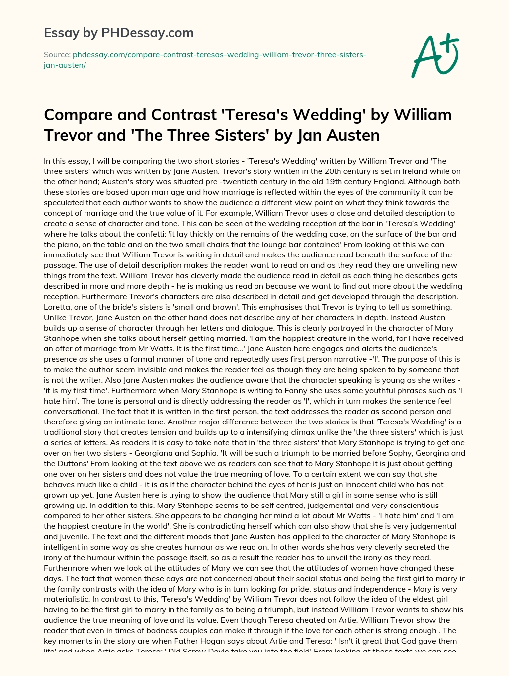 Compare and Contrast ‘Teresa’s Wedding’ by William Trevor and ‘The Three Sisters’ by Jan Austen essay