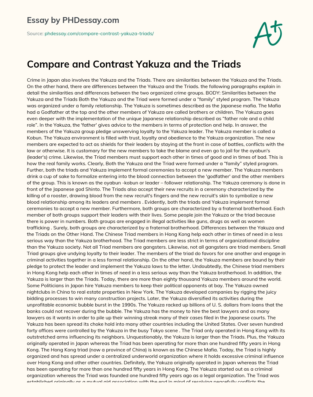 Compare and Contrast Yakuza and the Triads essay