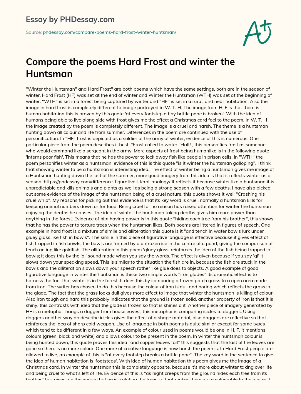 Compare the poems Hard Frost and winter the Huntsman essay