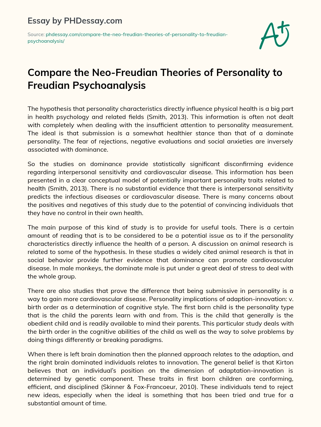 Compare the Neo-Freudian Theories of Personality to Freudian Psychoanalysis essay