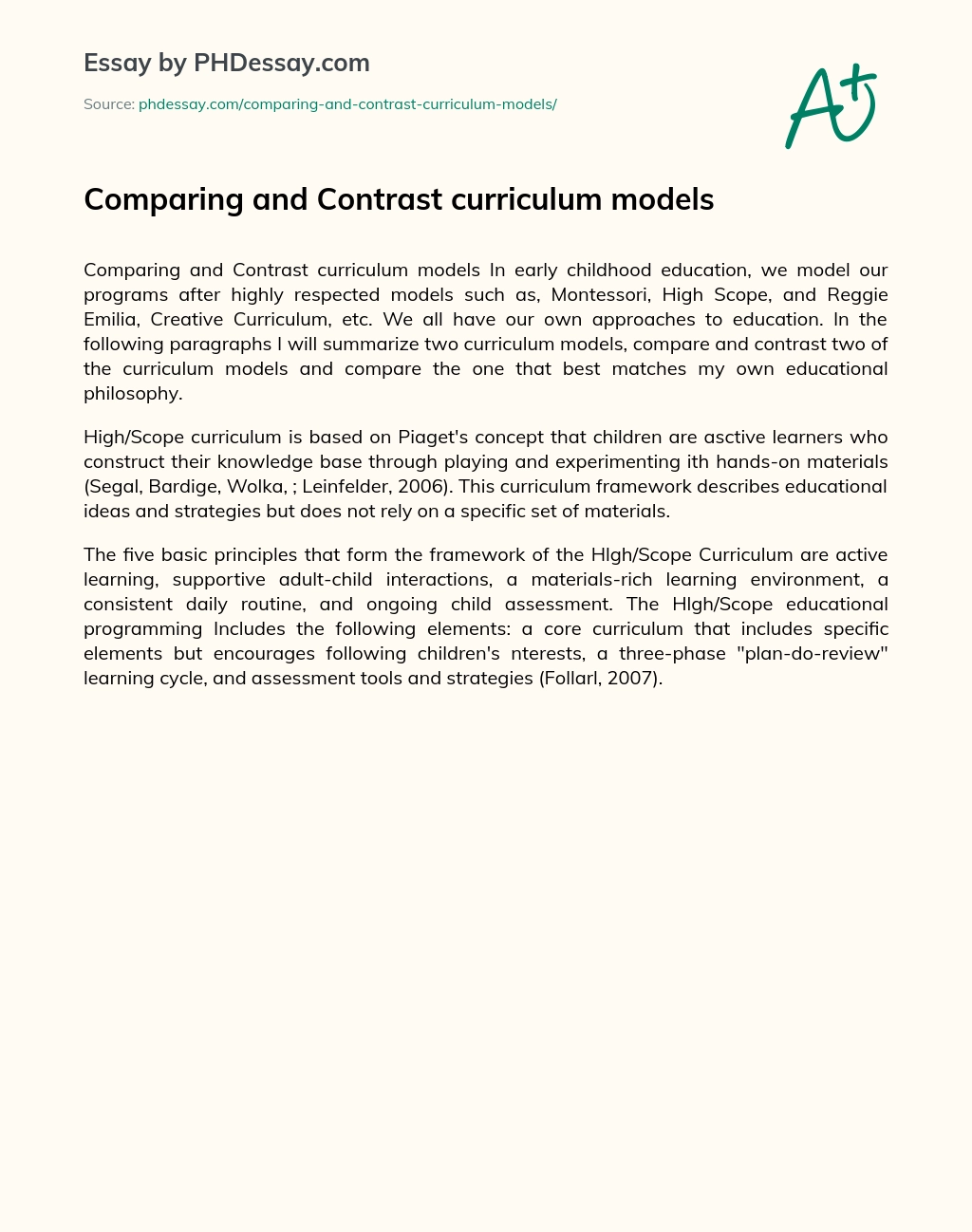 Comparing and Contrast curriculum models essay