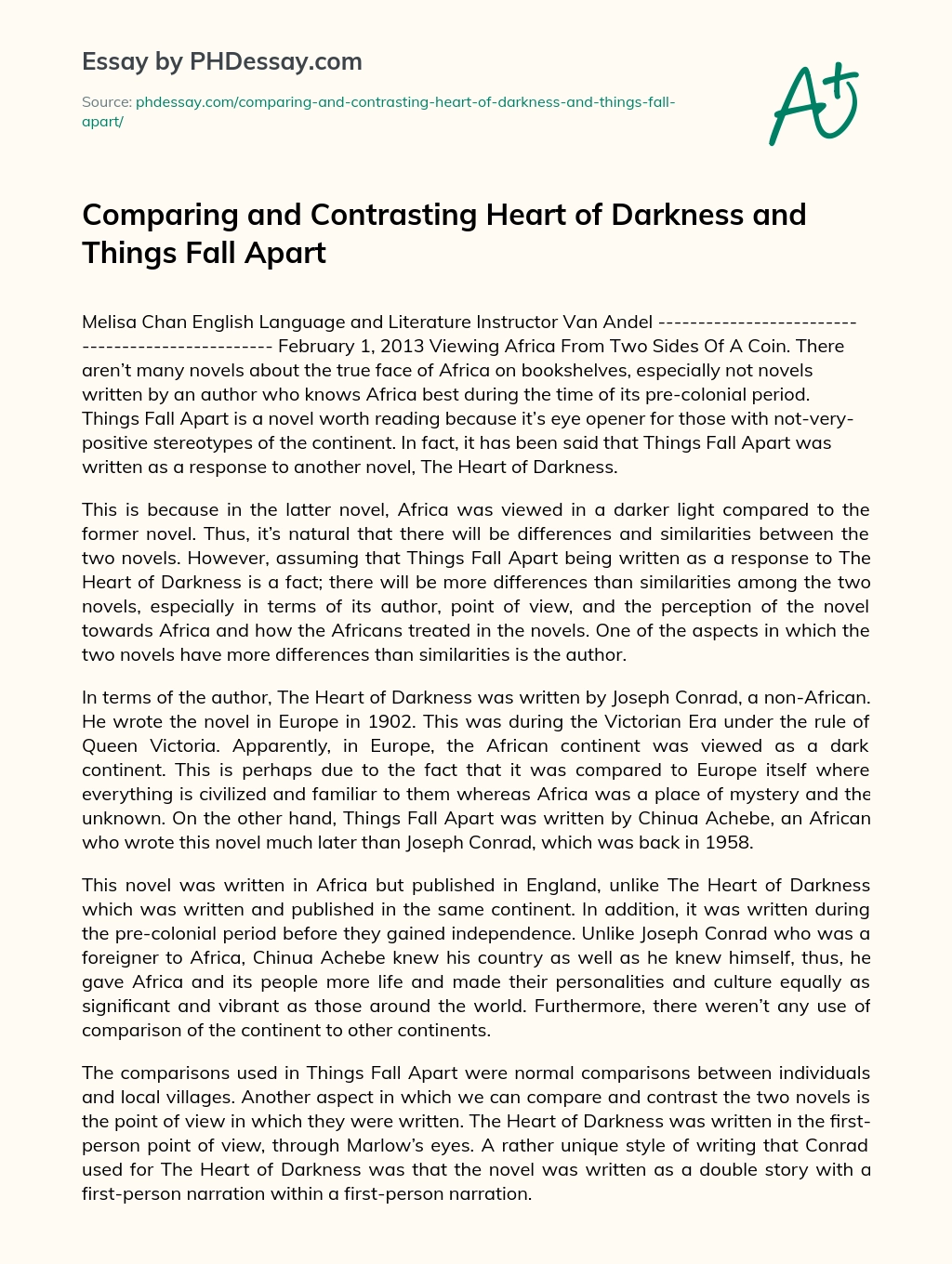 Comparing and Contrasting Heart of Darkness and Things Fall Apart essay