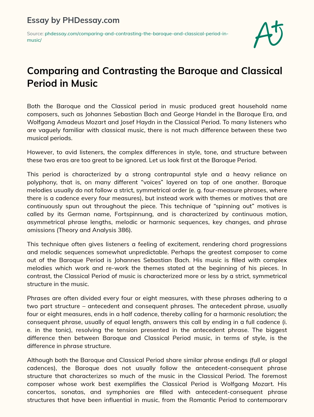 Comparing and Contrasting the Baroque and Classical Period in Music essay