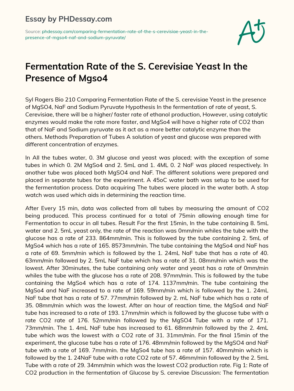 Fermentation Rate of the S. Cerevisiae Yeast In the Presence of Mgso4 essay