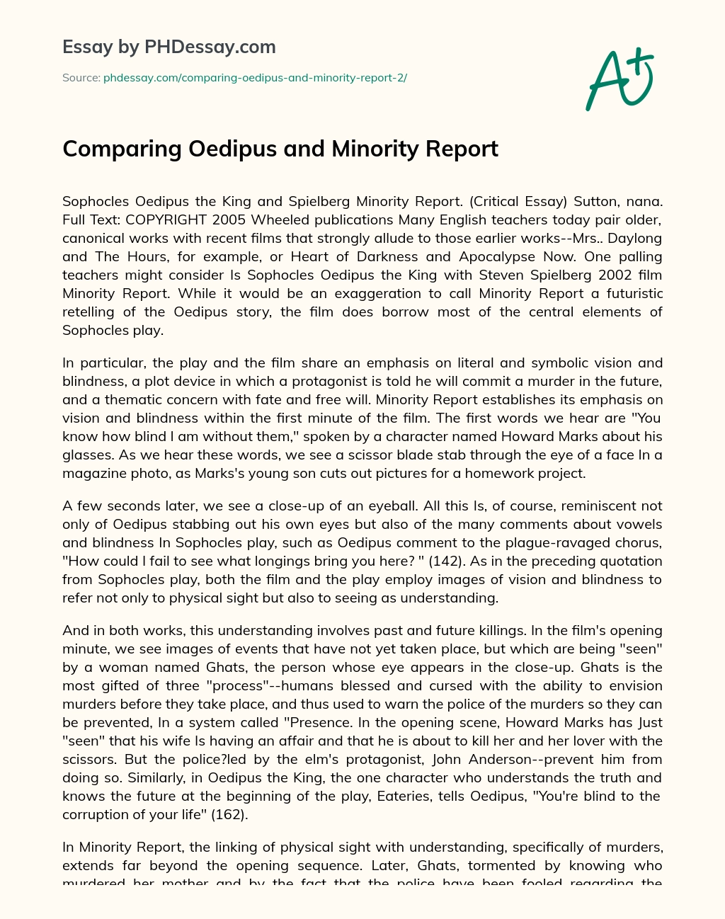 Comparing Oedipus and Minority Report essay