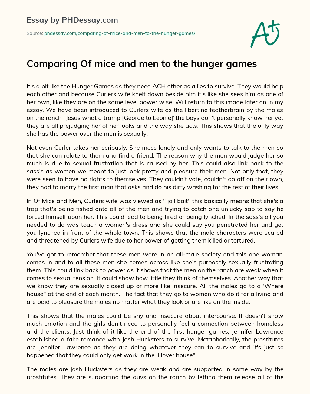 Comparing Of mice and men to the hunger games essay
