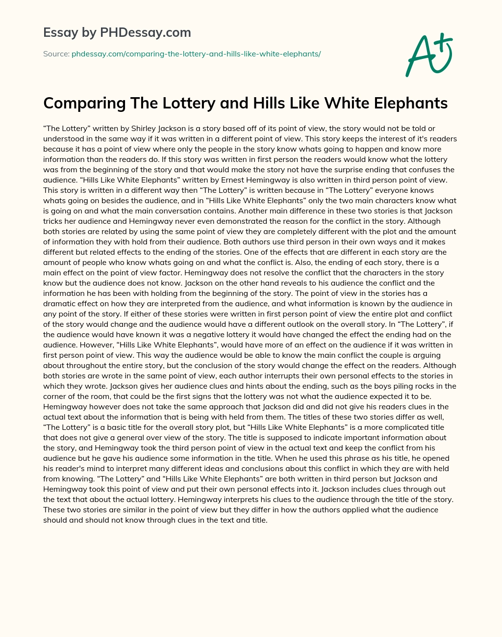 Comparing The Lottery and Hills Like White Elephants essay