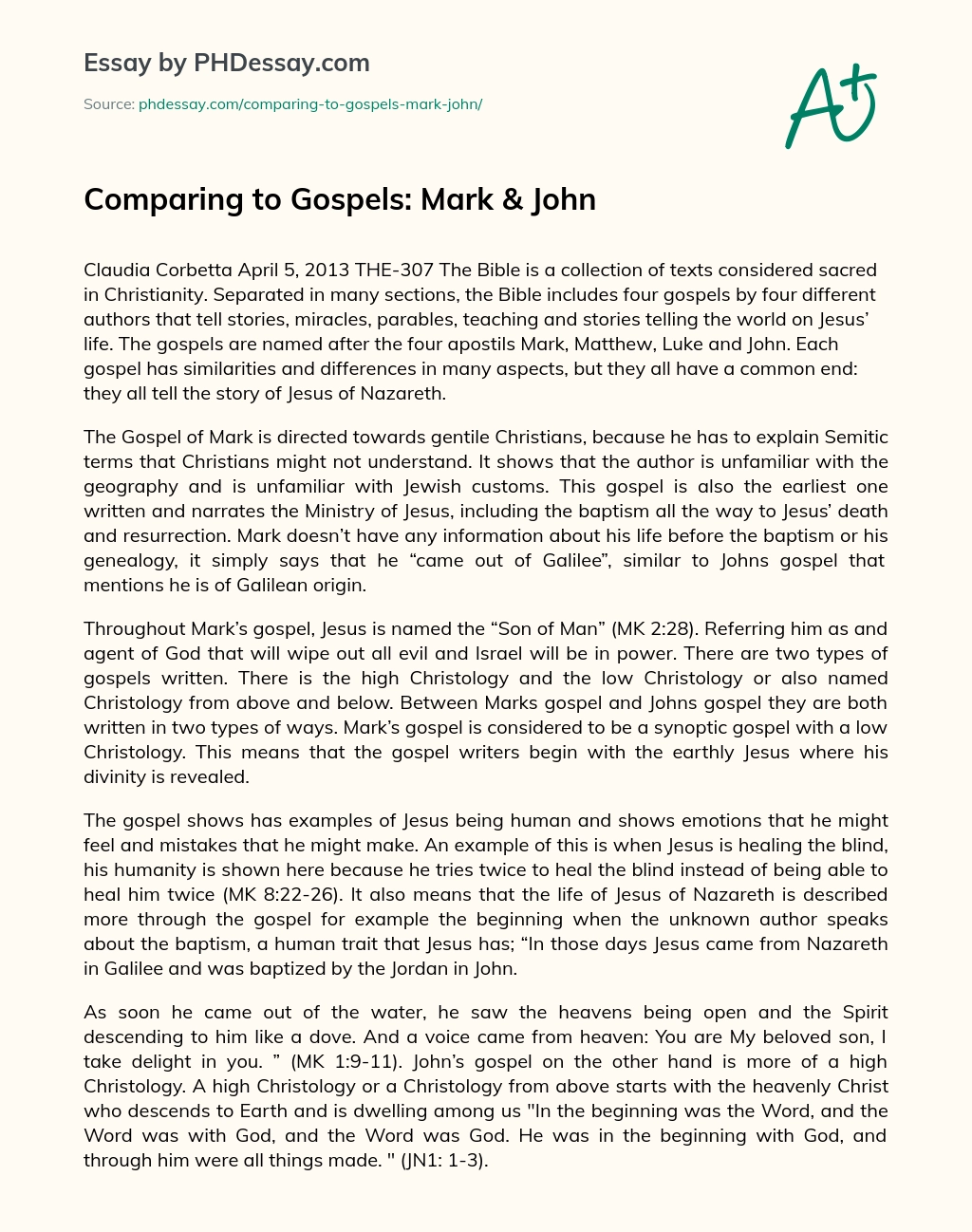 Comparing to Gospels: Mark & John essay