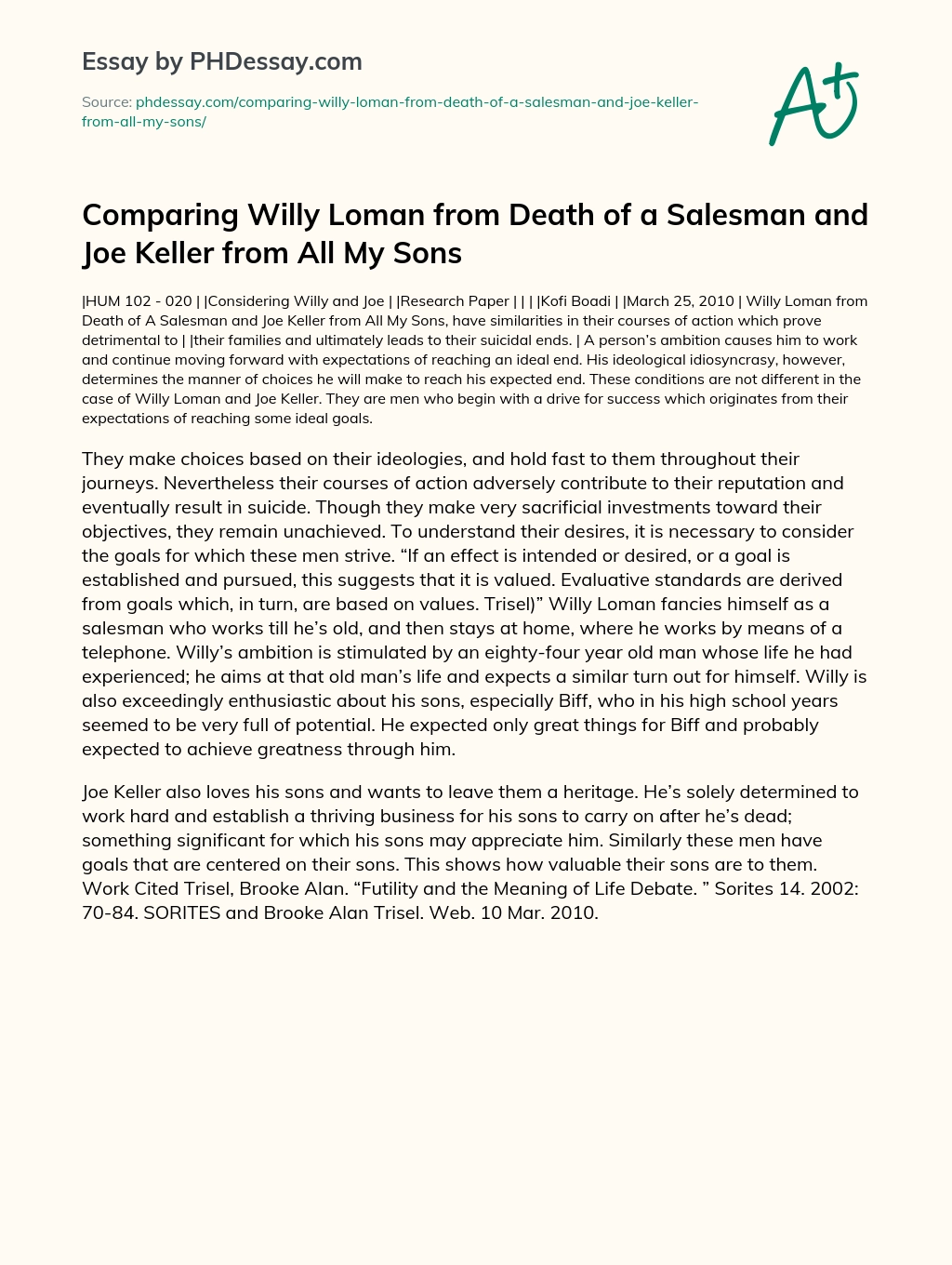 Comparing Willy Loman from Death of a Salesman and Joe Keller from All My Sons essay