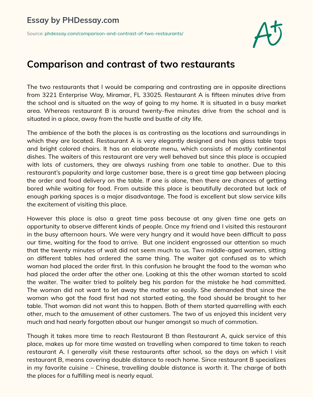 Comparison and contrast of two restaurants essay