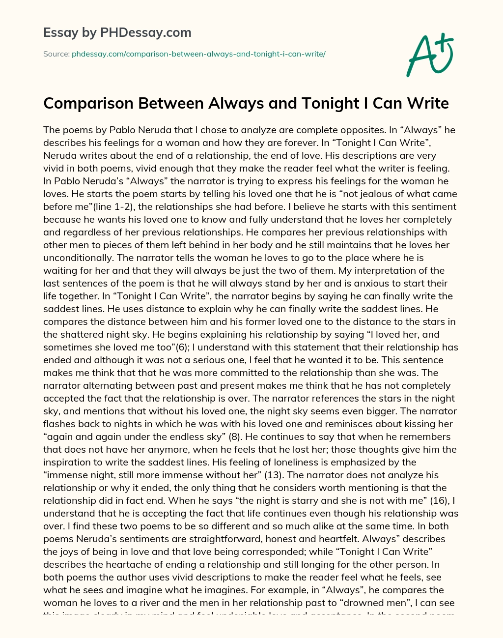 Comparison Between Always and Tonight I Can Write essay