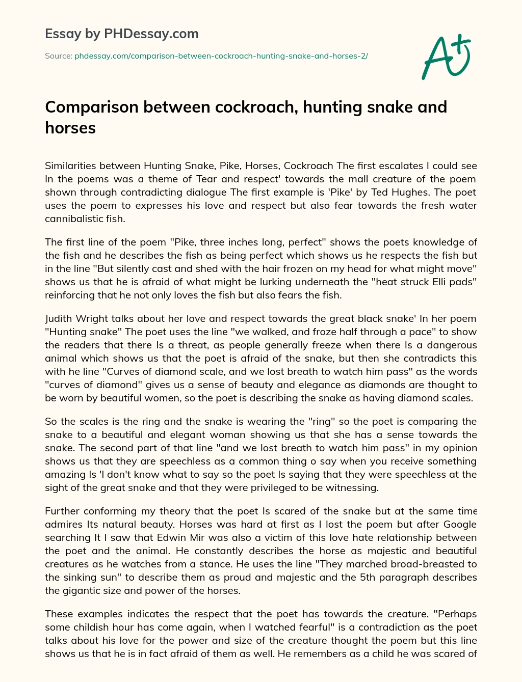 Comparison between cockroach, hunting snake and horses essay