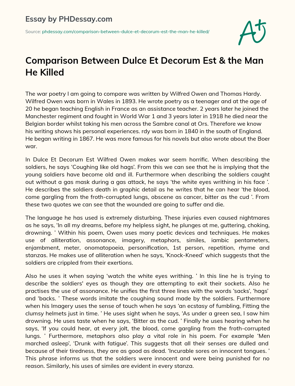 Comparison Between Dulce Et Decorum Est & the Man He Killed essay
