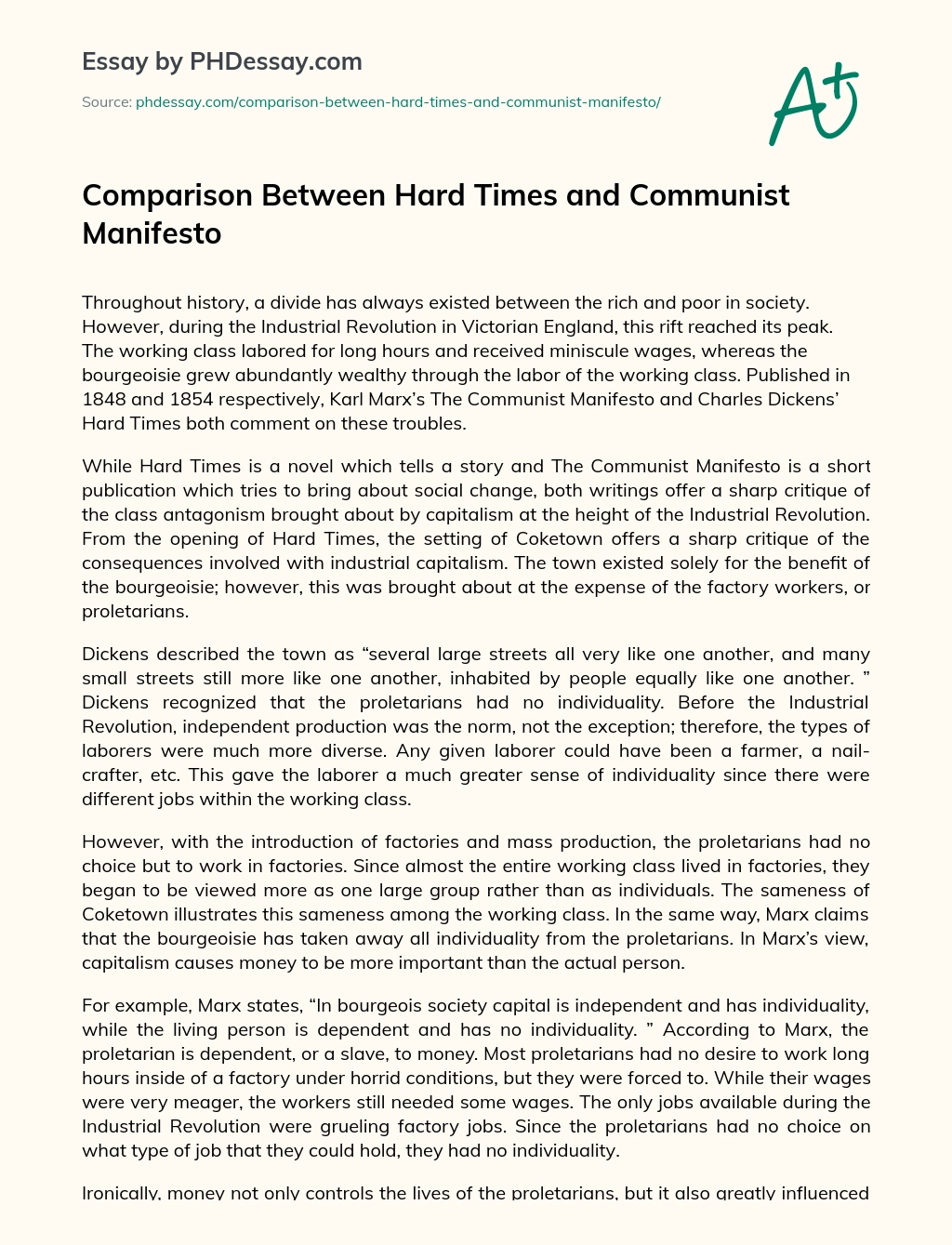 Comparison Between Hard Times and Communist Manifesto essay