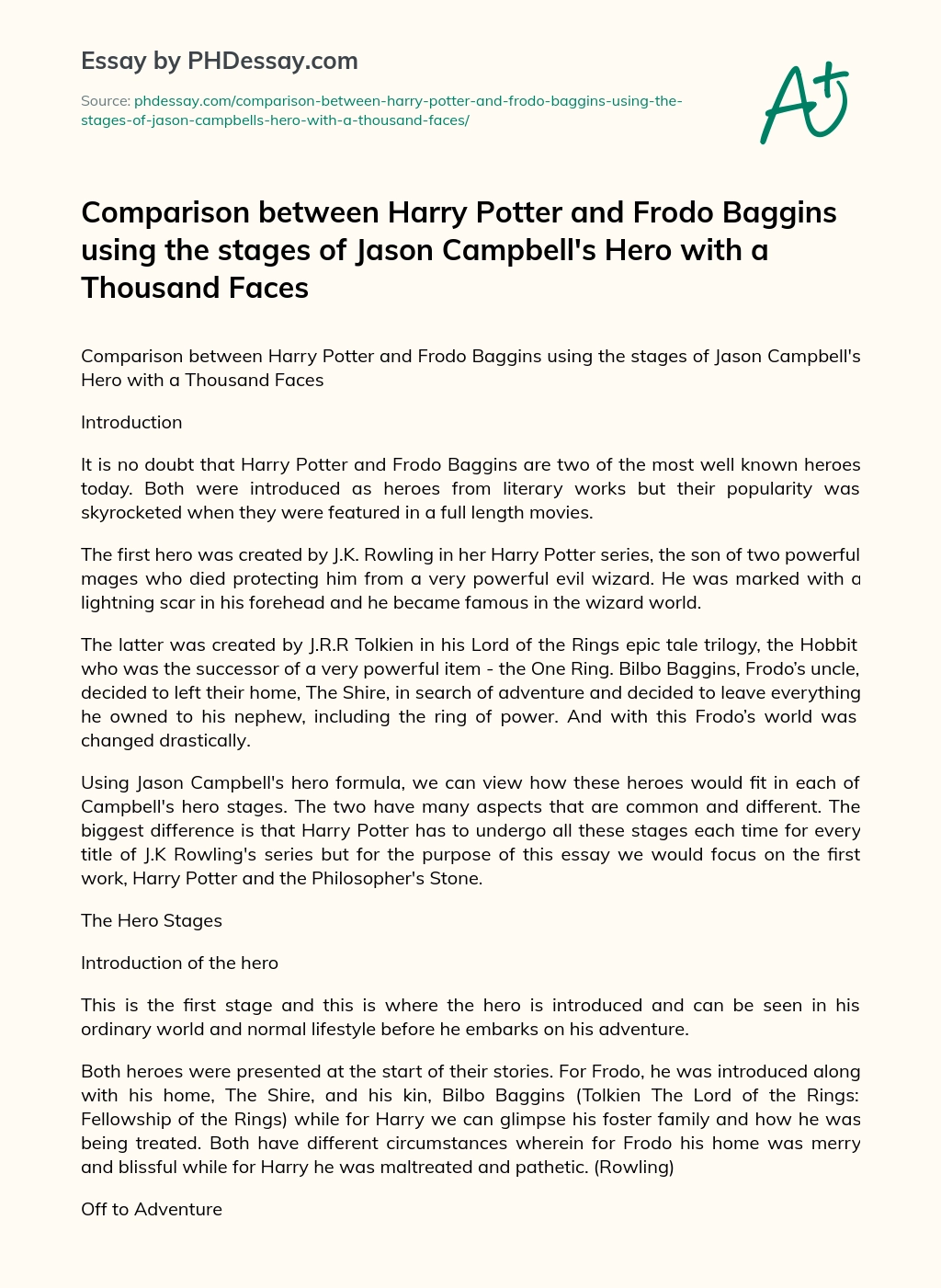Comparison between Harry Potter and Frodo Baggins using the stages of Jason Campbell’s Hero with a Thousand Faces essay