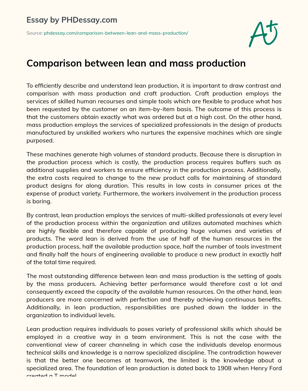 Comparison between lean and mass production essay