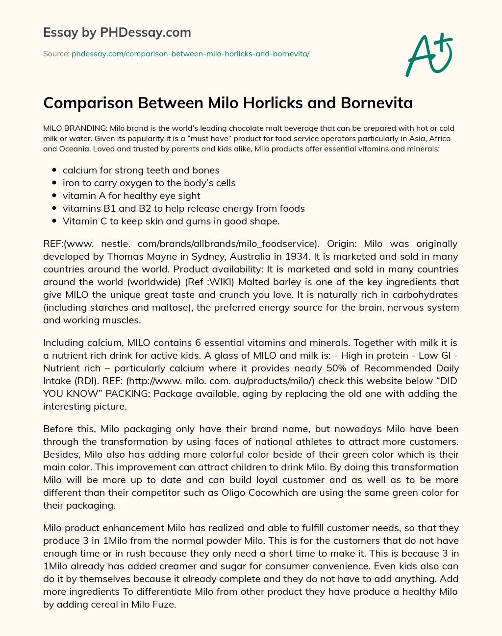 Comparison Between Milo Horlicks and Bornevita essay