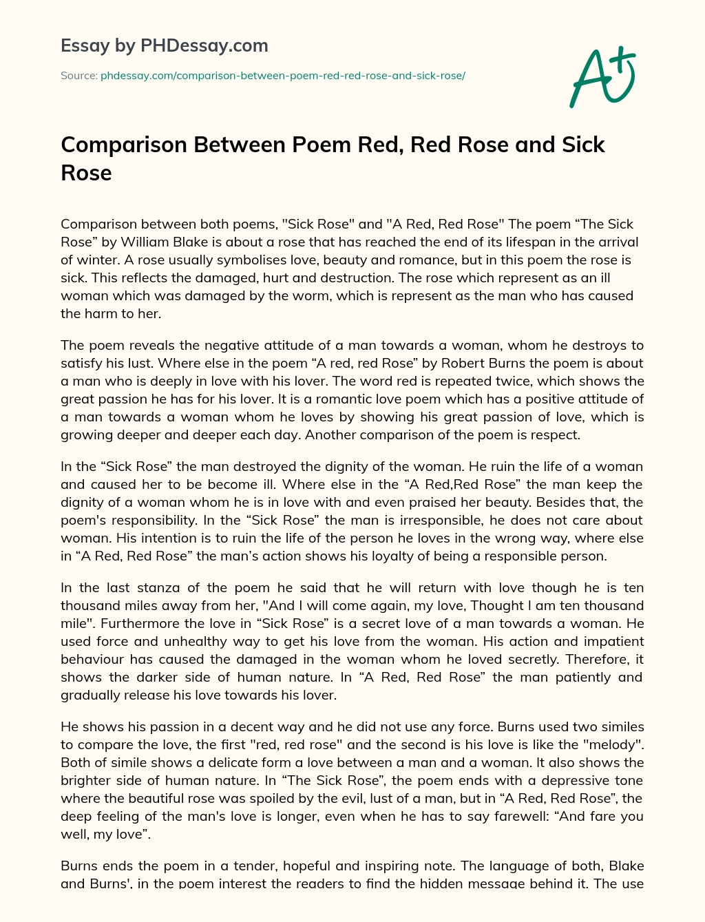 Comparison Between Poem Red, Red Rose and  Sick Rose essay