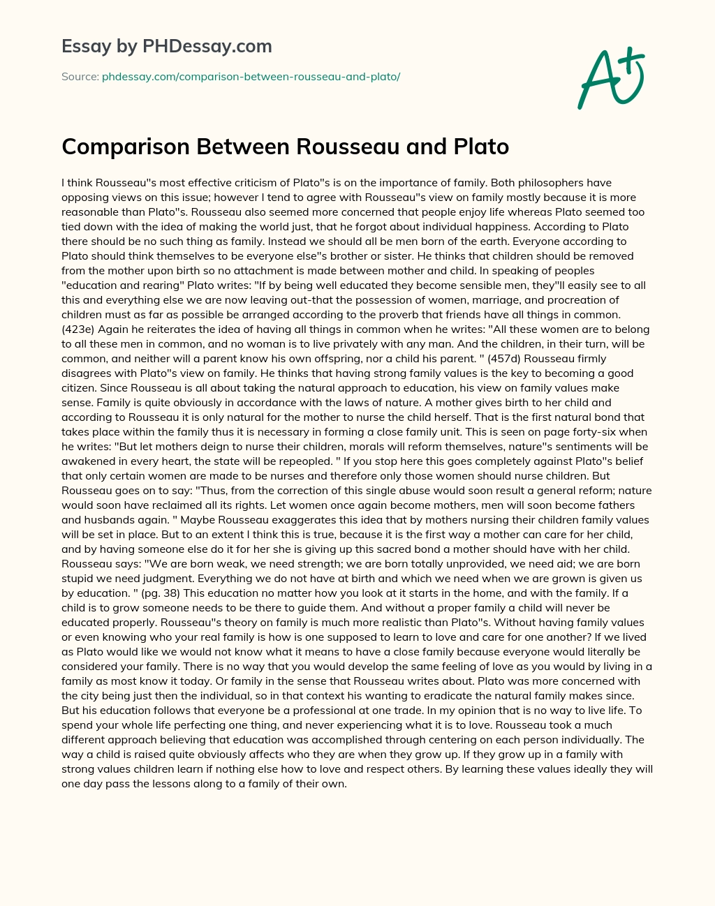 Comparison Between Rousseau and Plato essay
